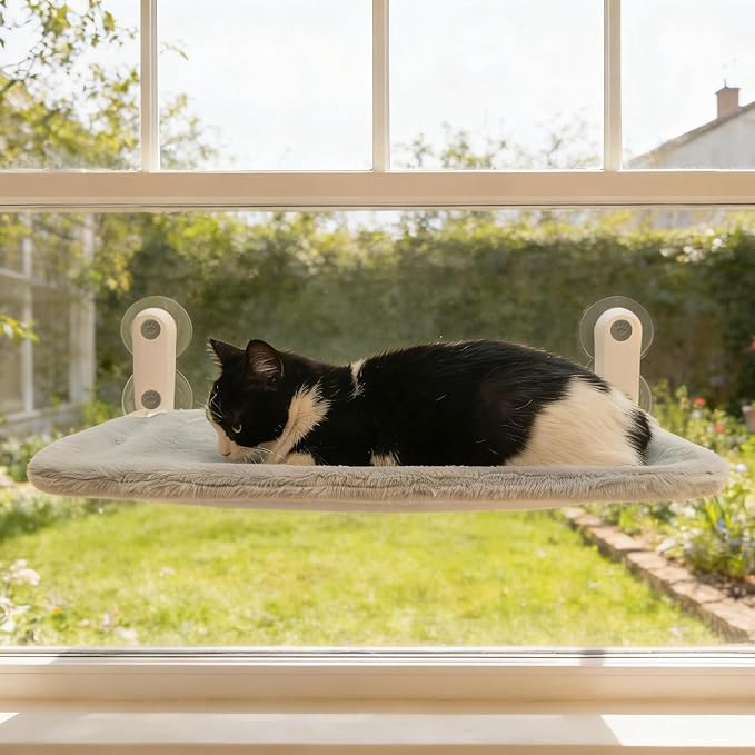 YGP Ultra-Soft Fleece Hammock for Cats Window Perch Bed Design | Foldable No Drilling 40lbs Tested Hold 4 Strong Suction Cups Heavy-Duty Metal Frame Space-Saving Fold-Down