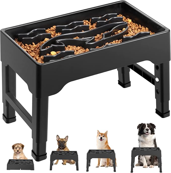 9 Cups Elevated Slow Feeder Dog Bowls 4 Adjustable Heights, Black | Raised Dog Slow Feeder Bowls, Dog Food Bowl Stand, Non Slip Anti Gulping Slow Eating Dog Bowl for Medium & Large Dogs