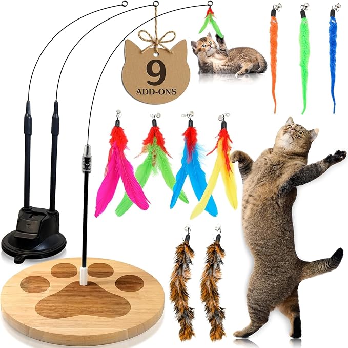 Feather Wand Teaser Cat Toys 18-Piece Simulation Toys For Indoor Cats, Cat Stuff Self-Holding Floor Base & Suction Cup, Bird Simulation Self Play Kitten Toys for Bored Adult Cats (Classic Set)