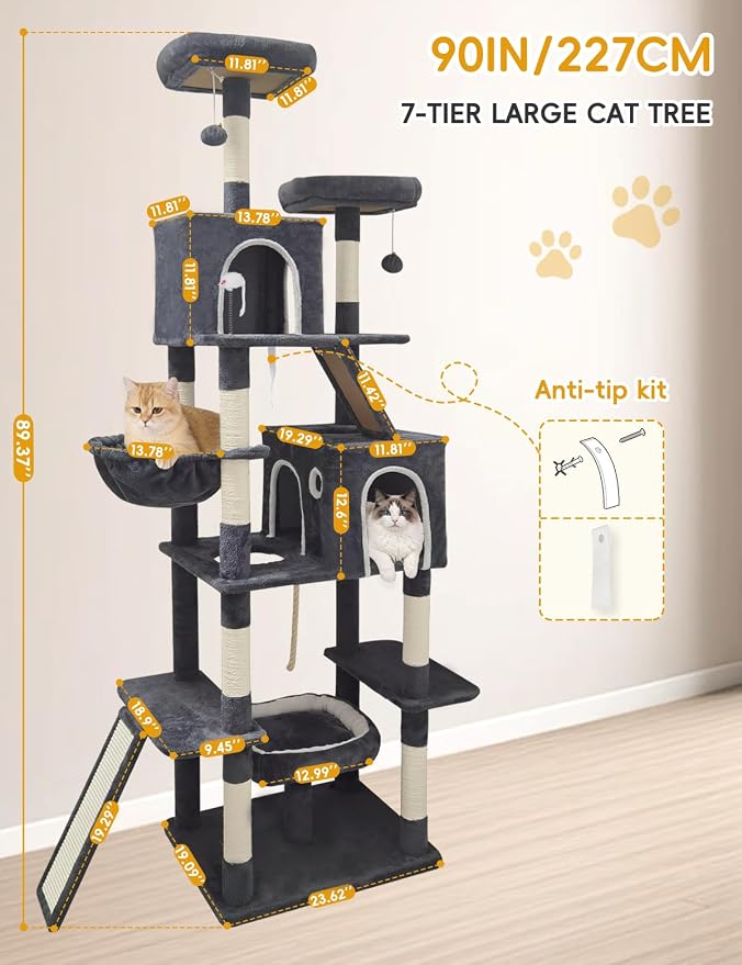 89 inch Cat Tree Tower - Extra Tall Multi-Level Cat Furniture with 2 Cozy Condos, Natural Sisal Scratching Posts, Plush Perches and Hammock for Large Indoor Cats (Dark Gray)
