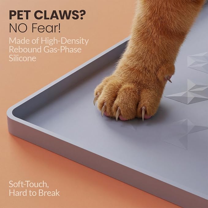 Silicone Pet Feeding Mat - 100% Waterproof Dog & Cat Bowl Pad with Raised Edges - Protects Floors from Messy Eaters & Spills - Anti-Slip, 100% PET-Safe, Dishwasher Safe (24"x16"x0.4", Grey)