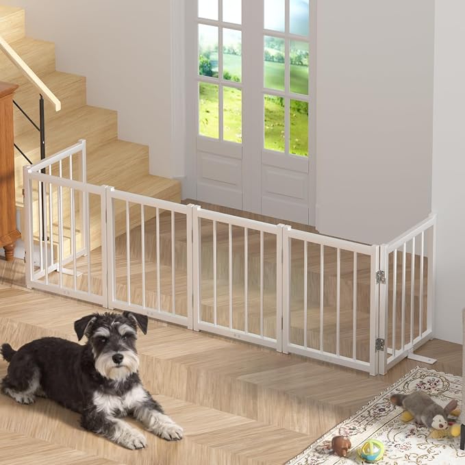 Snuowu 16" Freestanding Short Dog Gate for Small Dogs – Foldable & Retractable, Expands Up to 72" Wide, 6-Panel Pet Barrier for Doorways, Stairs & Hallways (White)
