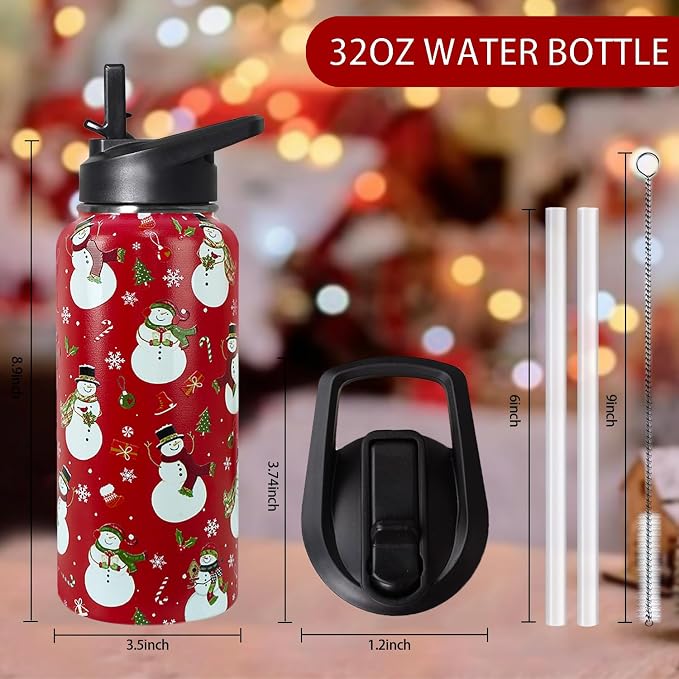 32oz Christmas Snowman Insulated Aater Water Bottle with Straw,Christmas Gym Hiking Sports Coffee Mug Cup Water Bottles,Christmas Gifts for Women,Christmas Decor Stuff Accessories