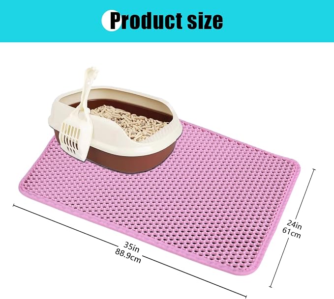 Cat Litter Mat 35"x24", Double Layer Waterproof Litterbox Mat, Pink | Non-slip backing, washable for easy cleanup, traps stray litter with waterproof honeycomb large grid that is urine-proof.