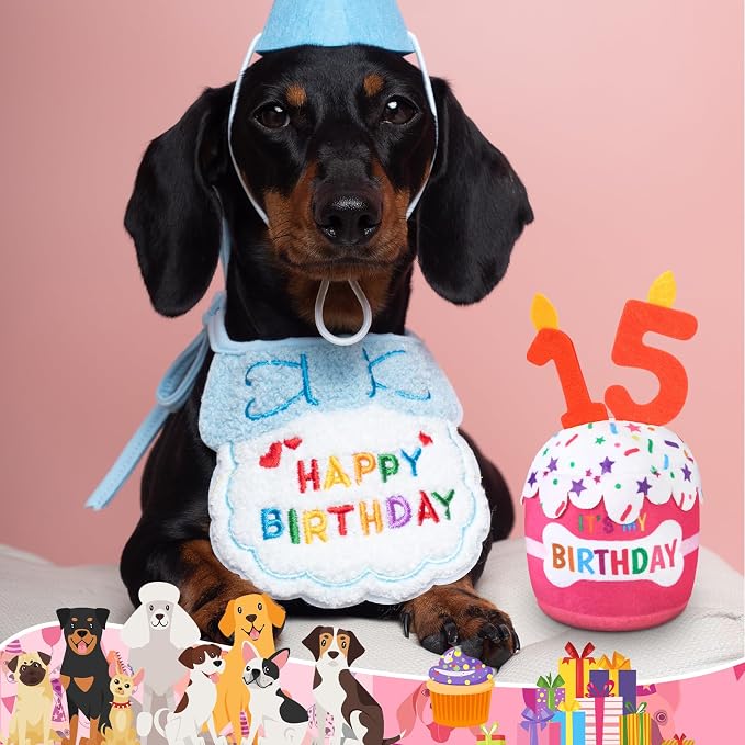 Dansydaisy Dog Birthday Cake Toy Squeaky Plush Toy for Girl Boy Gifts, Chew Accessories for Dog Birthday Party Decor Favor for Large, Medium and Small Dogs(15th,Pink)