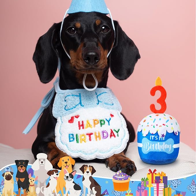 Dansydaisy Dog Birthday Cake Toy Squeaky Plush Toy for Girl Boy Gifts, Chew Accessories for Dog Birthday Party Decor Favor for Large, Medium and Small Dogs(3rd,Blue)