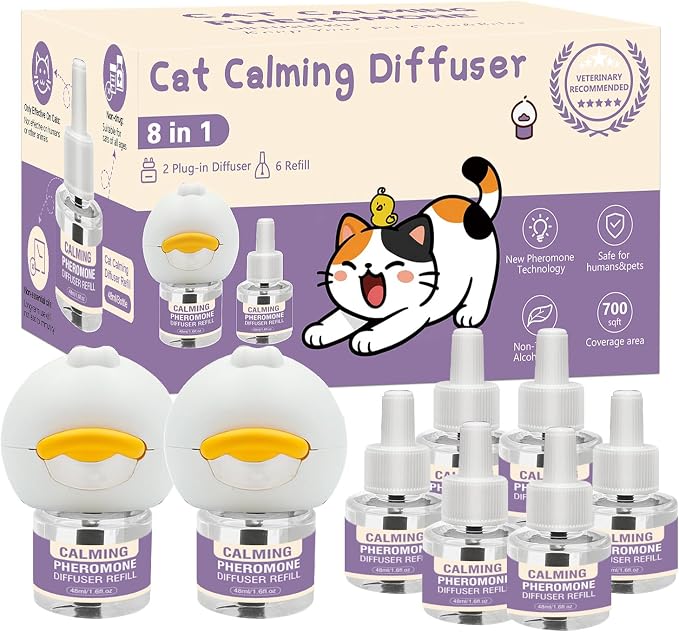Cat Pheromone Calming Diffuser Kit 8 in 1 Calm Kit 2 Plug in + 6 Refills | 180 Days Supply Helps Reduce Stress-Related Behaviors Like Urine Spraying, Hiding, Scratching, Hissing