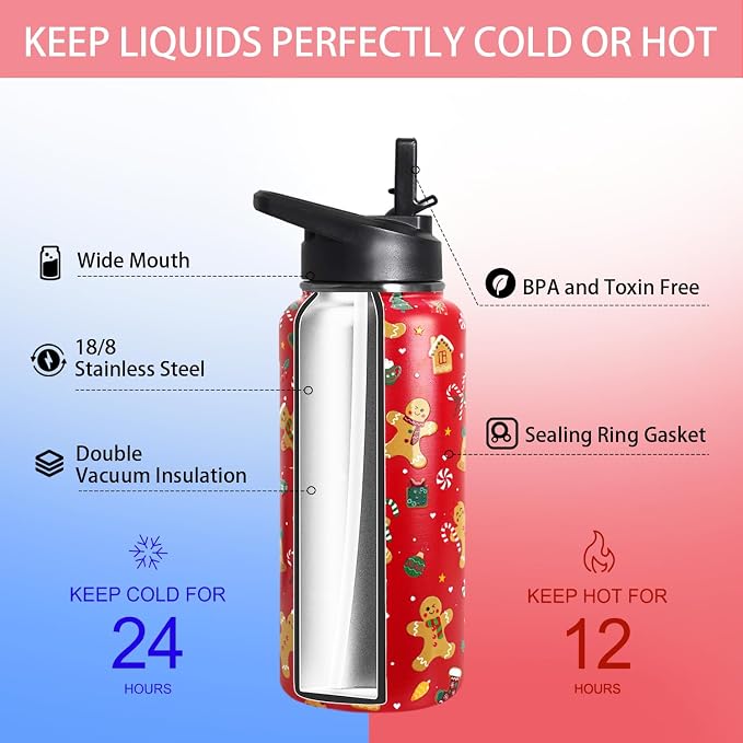 32oz Christmas Gingerbread Insulated Aater Water Bottle with Straw Gym Hiking Sports Coffee Mug Cup Water Bottles,Christmas Gifts for Women,Christmas Decor Stuff Accessories