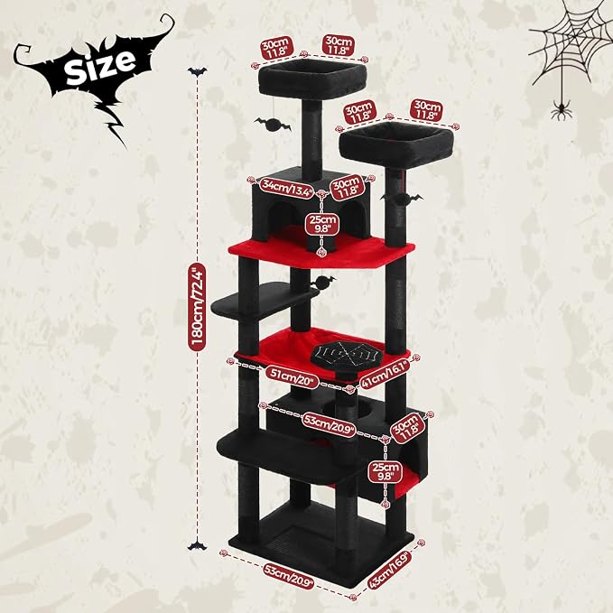 PAWZ Road Gothic Cat Tree 72" Cat Tower with Condos&Hammock for Large Cats | goth black cat tree with bat toys, 20"×16" hammock for adult cats, 7 scratch posts + pad, dual condos&perches for multi-cats