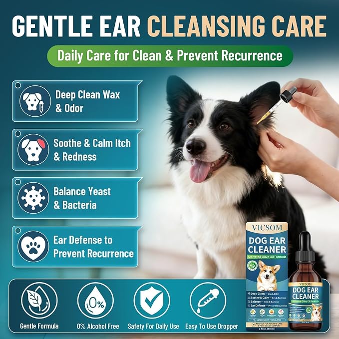VICSOM Dog Ear Cleaner, Ear Drops for Dogs with Ozonated Olive Oil, 60 mL | Support Wax, Odor & Yeast Infection, Dog Ear Cleaning Solution Support Sensitive, Itchy Ears, Itch Relief