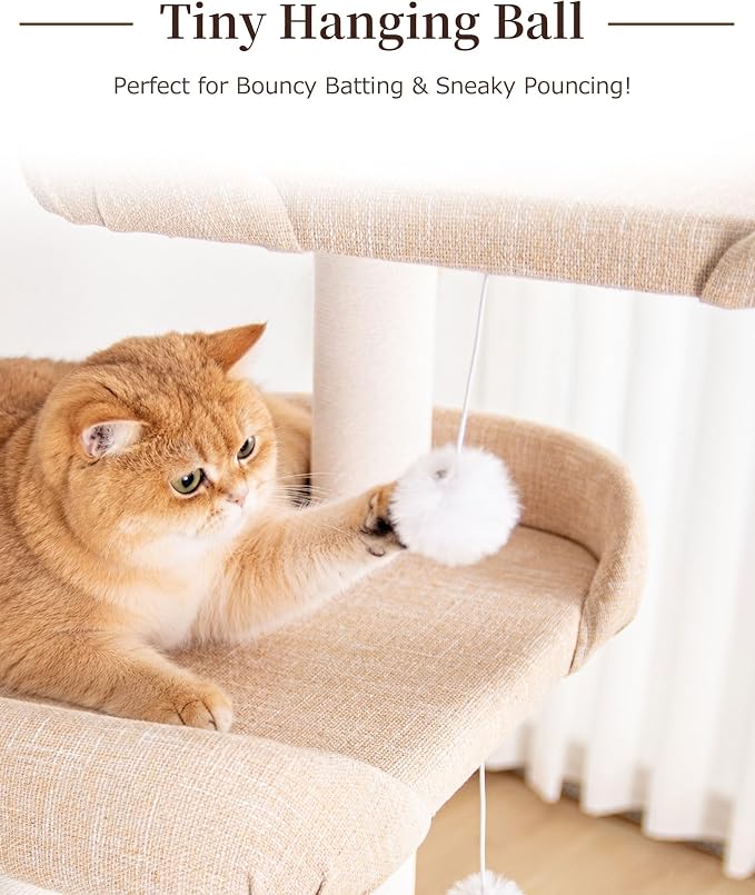 53'' Cat Tree for Large Cat, Modern Senior Friendly Cat Tower with Wide Shelves Low Step, Cotton Scratching Posts, Super Sturdy Base, Cozy Perches, and Interactive Toys (Ivory)
