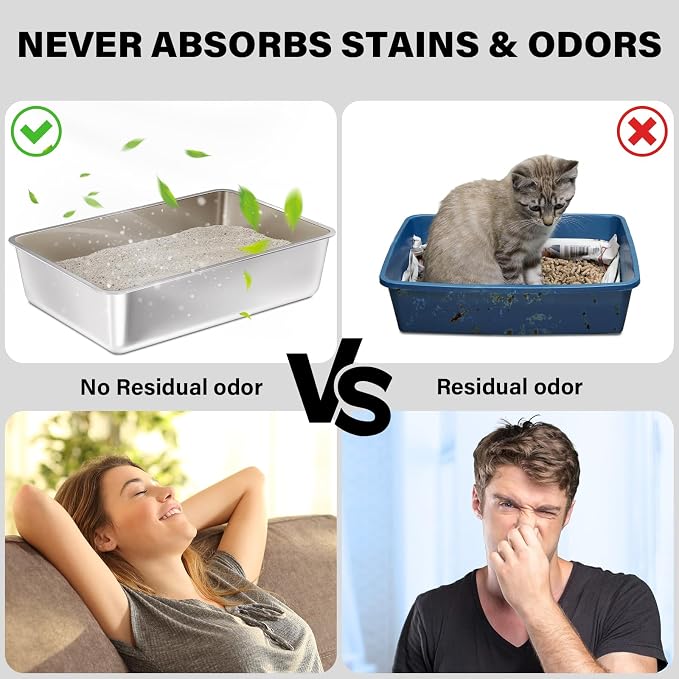 Stainless Steel Litter Box, 17.7"x13.8"x6" Medium to Large Metal Litter Box for Kitty/Cat/Rabbits, Easy to Clean, Non Stick Litterbox No Smell for Adult Cats