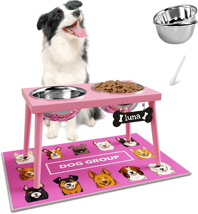 ADENGL Raised Dog Bowl Stand for Large Medium Dogs, Elevated Dog Bowls with Sprill Proof Mat &Two 58OZ Stainless Steel Bowls,Pink