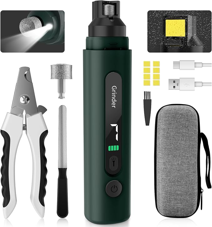 Dog Nail Grinder, Safe Electric Pet Nail Trimmer for Dog Grooming | 7-Speed Adjustable, Quiet Low Vibration, LED Light & Sponge Dust Collector, Painless Trimming, Storage Bag (Black & Green)