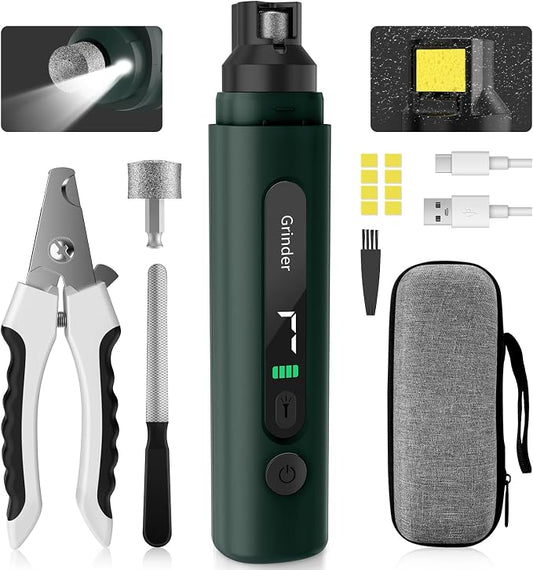 Dog Nail Grinder, Safe Electric Pet Nail Trimmer for Dog Grooming | 7-Speed Adjustable, Quiet Low Vibration, LED Light & Sponge Dust Collector, Painless Trimming, Storage Bag (Black & Green)