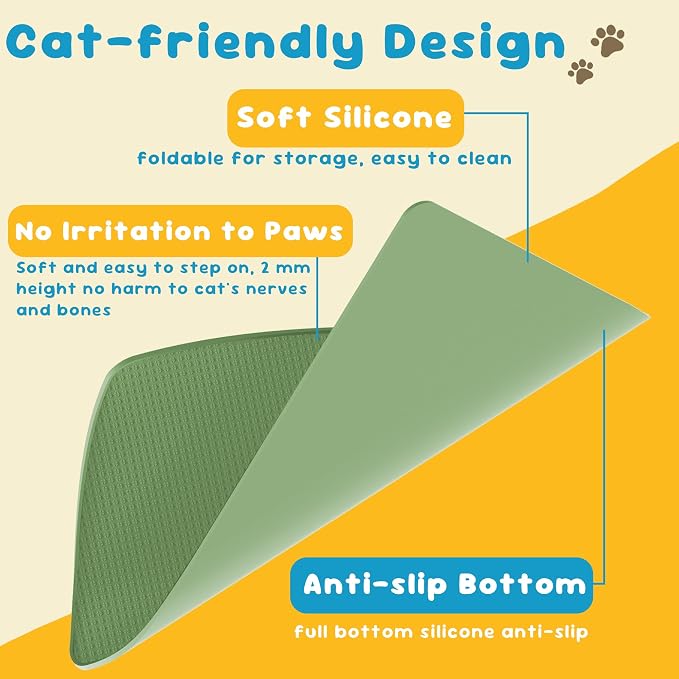 Cat Litter Mat, Silicone Litter Trapping Mat - Removal/Waterproof/Urine Proof, Cat Massage Mat (24" X 18"), Litter Box Mat - Keep the Floor Clean Green