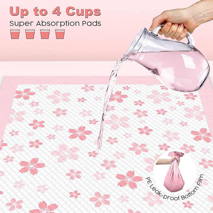 MIZOK Puppy Pads Pink 22x22in, Ultra Absorbent Wee Wee Pads with Pheromone Attractant, Decorative Cherry Blossom 6-Layer Leak-Proof Potty Training Pads, Disposable (100 Count)