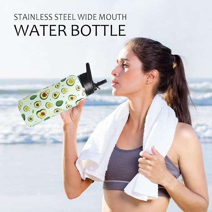 32oz Green Avocado Stainless Insulated Aater Water Bottle with Straw,Green Avocado Gym Hiking Sports Coffee Mug Cup Water Bottles,Avocado Themed Gifts for Women,Avocado Decor Stuff Accessories