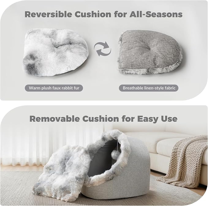 Avont Cat Bed Cave for Indoor Cats, Semi-Enclosed Cat House with Anti-Slip Bottom & Removable Washable Cushion, Warm Plush Cat Tent for Medium Cats & Small Dogs -L