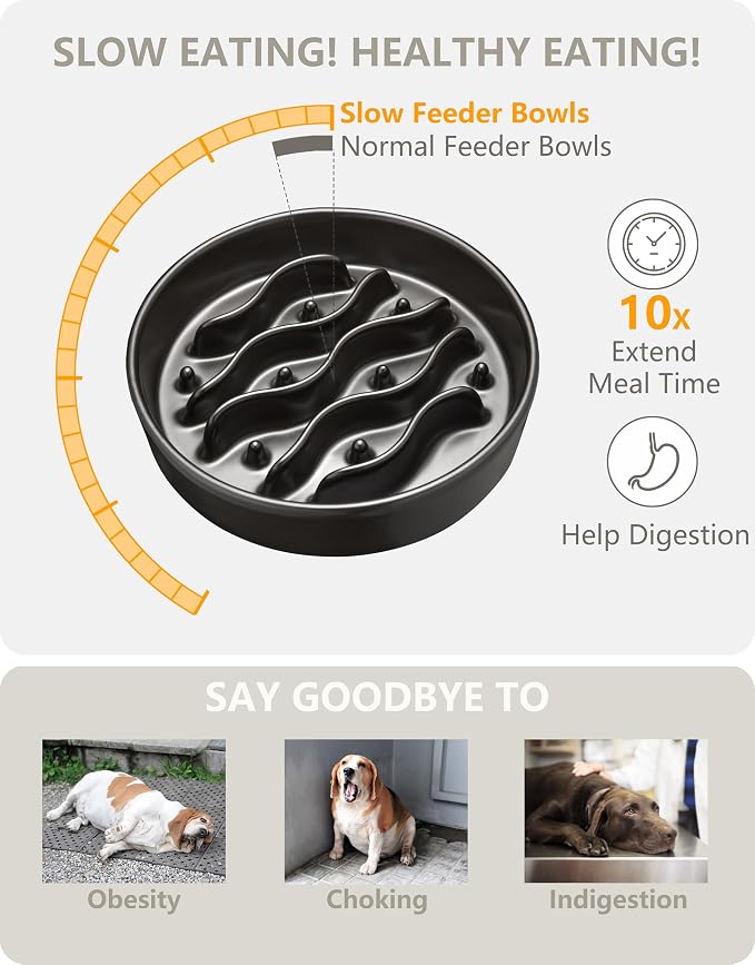 Ceramic Slow Feeder Dog Bowls Elevated, 2.0 Cups Dog Slow Feeder for Medium and Large Dogs, 30oz, 8in, Black