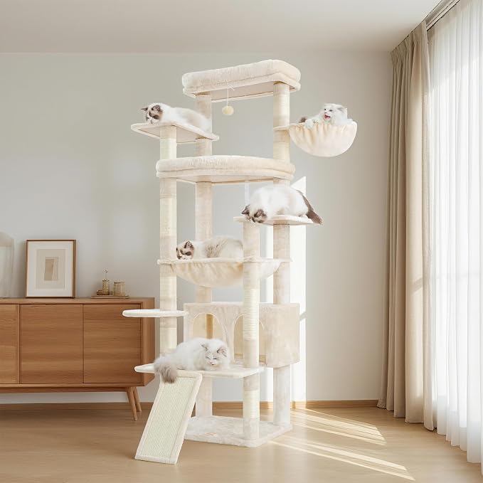 Heybly Tall Cat Tree for Large Cat, 80-inch Multi-Level Cat Tower HCT038M | Condo Furniture for Indoor Cats with Large Baseboard, 2 Widened Plush Perches, Scratching Board, Big Caves, Beige