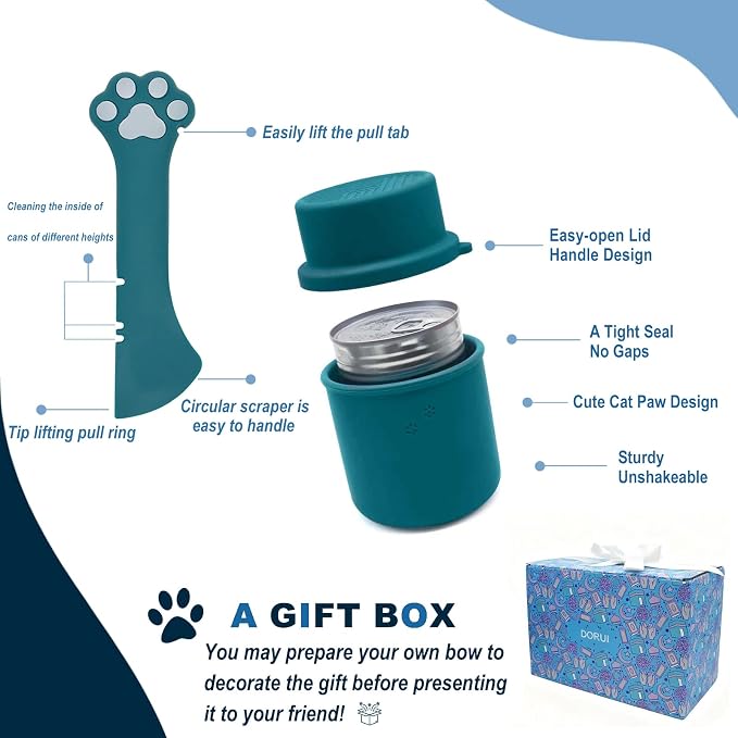 Original Canned Dog Food Storage Container & One Can Spoon | Silicone Can Cover Pet Food Sealer & Cute Paw Shape Opener Spatula | BPA Free, Airtight, Dishwasher & Freezer Safe (Grey+Dark Blue)