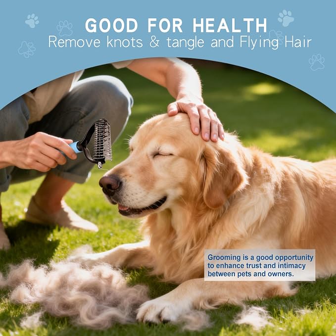 GOESWELL Pet Deshedding Brush - Undercoat Rake for Dogs & Cats - Double Sided Brush for Shedding and Dematting Comb for Dogs Grooming Tool kit - (Blue(Rake +Comb))