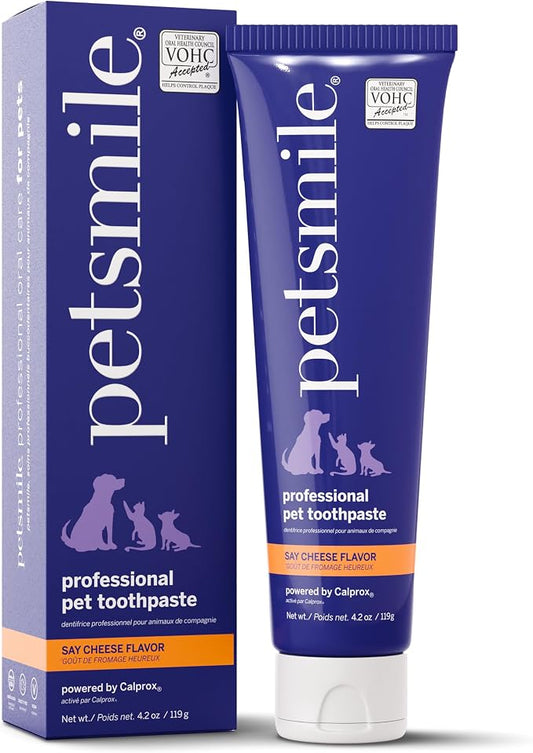 Petsmile Professional Pet Toothpaste for Cats & Dogs - VOHC Accepted Toothpaste - Clinically Proven to Control Plaque & Tartar Calprox Formula (Say Cheese, 4.2 Oz)
