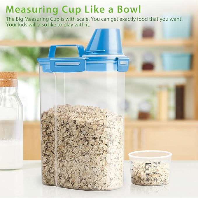 Viretec Rice Airtight Storage Container, 3 to 5Lbs Cereal Dry Food Flour Bin, Pet Dog Cat Food Dispenser with Measuring Cup, BPA Free Clear Plastic Kitchen and Pantry Organization Bin for Sugar, Pasta