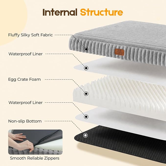 Orthopedic Dog Bed for Extra Large Dog, Waterproof Pet Bed for Crate,Non-Slip Bottom and Egg-Crate Foam with Removable Washable Cover Crate Bed,Grey,41"x27"x4"
