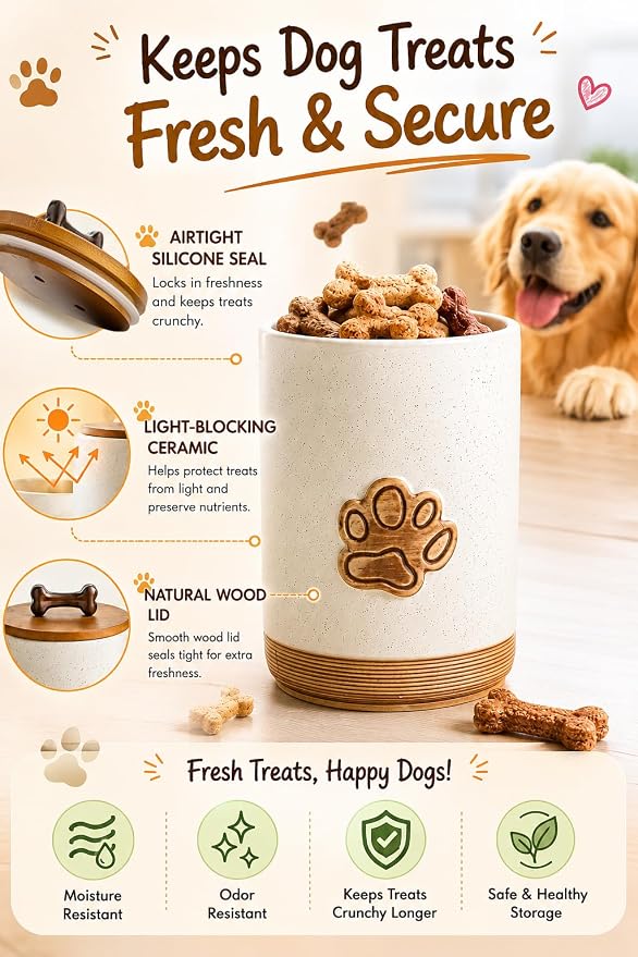 Miamolo Dog Treat Container with Lid, Ceramic Dog Treat Jar Airtight, 8 Cups Dog Food Storage Container for Countertop, Decorative Dog Cookie Jar with Hanlde, Premium Pet Gift, Paw Dotted White