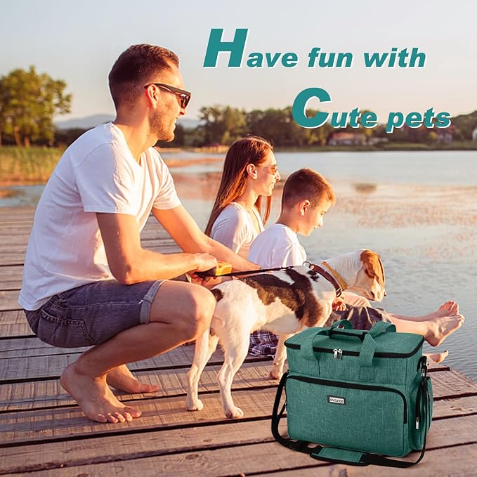 BAGLHER Dog Travel Bag, Airline Approved Pet Tote Organizer with Multi-Function Pockets, 2 X Food Storage Containers and 2 X Collapsible Bowls, Perfect Weekend Pet Travel Set for Dog, Cat Green