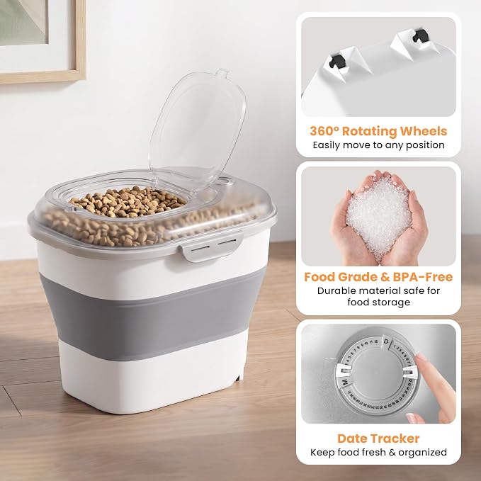 50 Lbs Rice Storage Container, Collapsible Pet Food Container | Airtight Dog Food Storage Container with Wheels, Transparent Lid, 2 Measuring Cup, 2 Scoop, BPA Free for Cat Food, Bird Seed