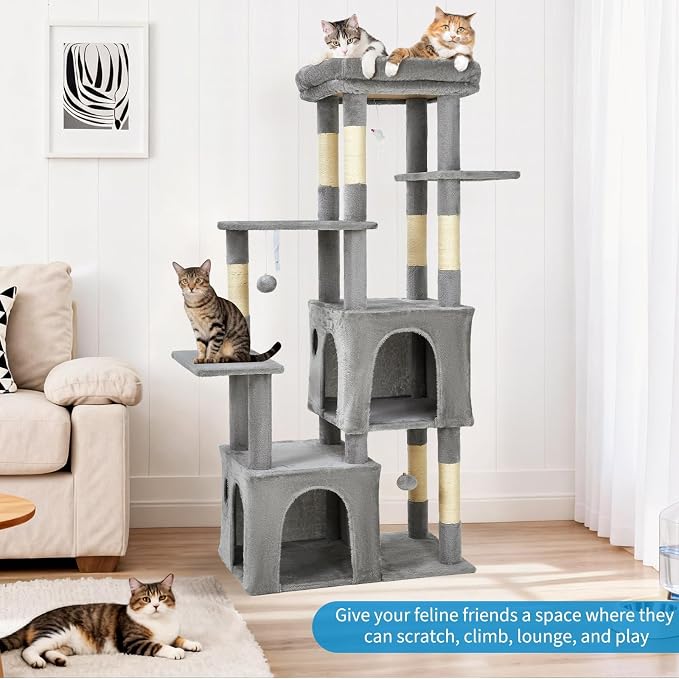 61" Large Cat Tree Tower for Indoor Cats, Heavy-Duty Multi-Level Cat Condo for Maine Coon & Big Cats with Extra-Large Perch, 2 Spacious Houses, Sisal Scratching Posts & Hanging Toys - Light Gray