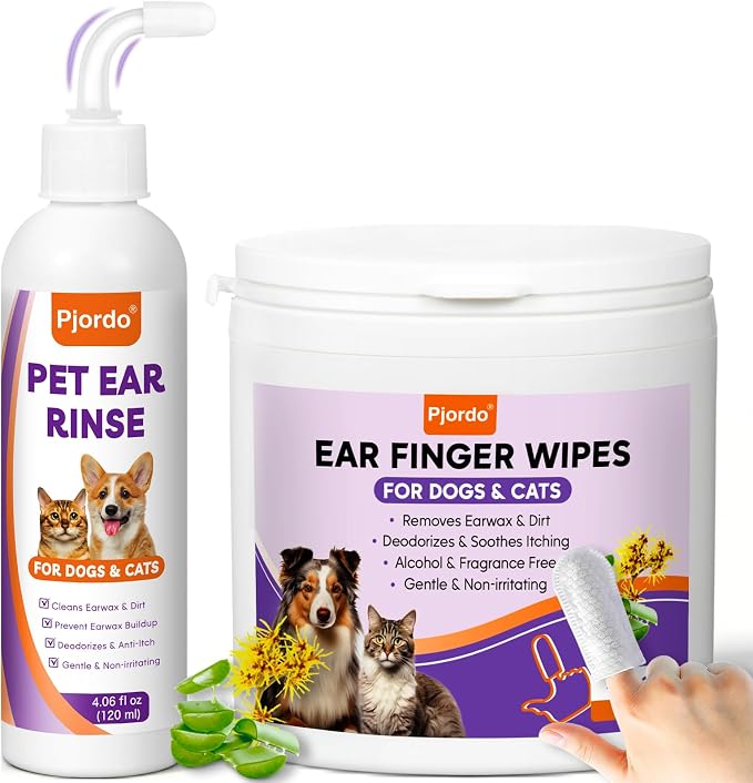 Pjordo Pet Ear Cleaner for Dog & Cat, Natural Formula - Aloe & Witch Hazel | Pet Ear Wash for Soothing Ear Itching & Deodorize, Ear Finger Wipes for Removing Ear Wax & Dirt, Suitable for Ear Daily Care