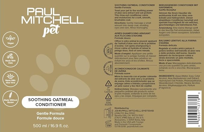 Paul Mitchell Pet Soothing Oatmeal Conditioner, Gentle Formula, Gallon