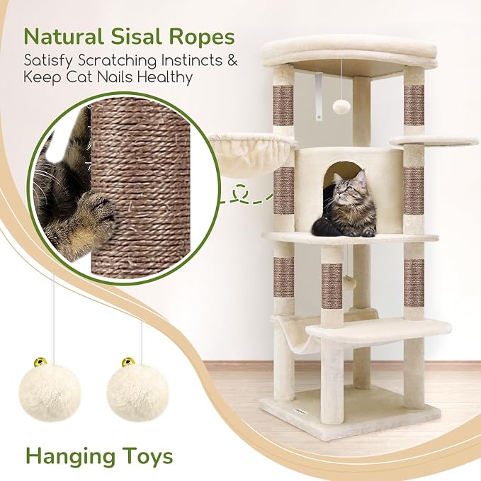 Globlazer Corner Stable Cat Tree Tower with Scratching Post, C51, Beige | 51in Space-Saving Multi-Level Cat Condo for Indoor Cats with Hammock, Large Top Perch for Large Cats, Cozy Cat Cave