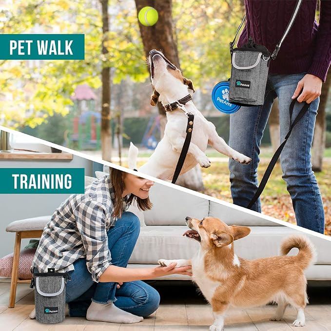 PetAmi Dog Treat Pouch, Large Hands-Free Training Bag, Gray | Built-In Poop Bag Dispenser, Holds 3 Cups Of Treats, 4 Ways to Wear, D-Ring, Reflective Strap, Dog Treat Bag for Walking