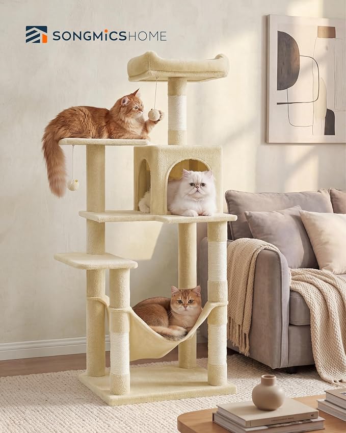 SONGMICS HOME Cat Tree for Indoor Cats, Multi-Level Cat Tower with Sisal Scratching Posts, Hammock and Condo, Beige