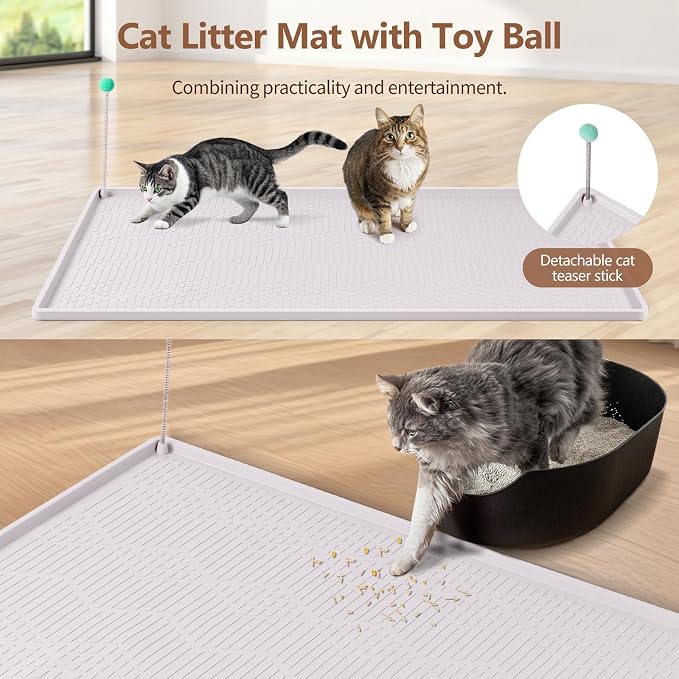 Silicone Cat Litter Box Mat 38'' x 25'' Cat Mat with Toy, White | Extra Large Litter Mat with lip, Non-Slip Waterproof Cat Litter Mat Litter Trapping Mat for Floor, Easy to Clean