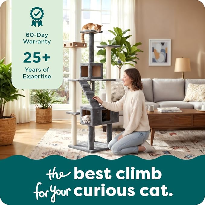 FurHaven 69.3" Tall Cat Scratching Post Tower for Indoor Cats, Sisal Cat Tree with 2 Condos, Tiger Tough Double Decker Playground, Toys & Perches for Cats, Sisal, Silver Gray