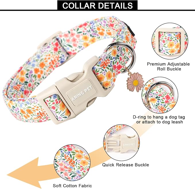 ARING PET Spring Summer Dog Collar-Cute Dog Collar for Small Dogs, Adjustable Cotton Floral Pet Collars Puppy Collar for Small Medium Large Dogs