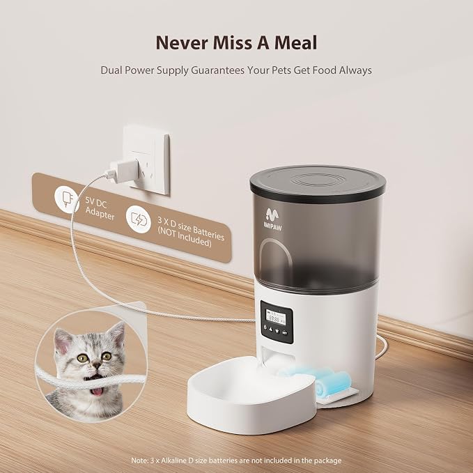 IMIPAW Automatic Cat Feeder and Water Fountain, Timed Dry Food Dispenser, Programmable Portion Control, 1-6 Meals Per Day, Desiccant Bag, Cat Fountains for Drinking with Filter, Small Pets (3L Combo)