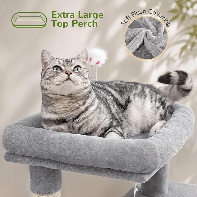 Globlazer Cat Tree Tower for Indoor Cats, 50-inch Adult Cat Tree House for Large Adult Cats with Steps, Scratching Post, 2 Cat Caves, Dangling Toys, FC50, Light Grey
