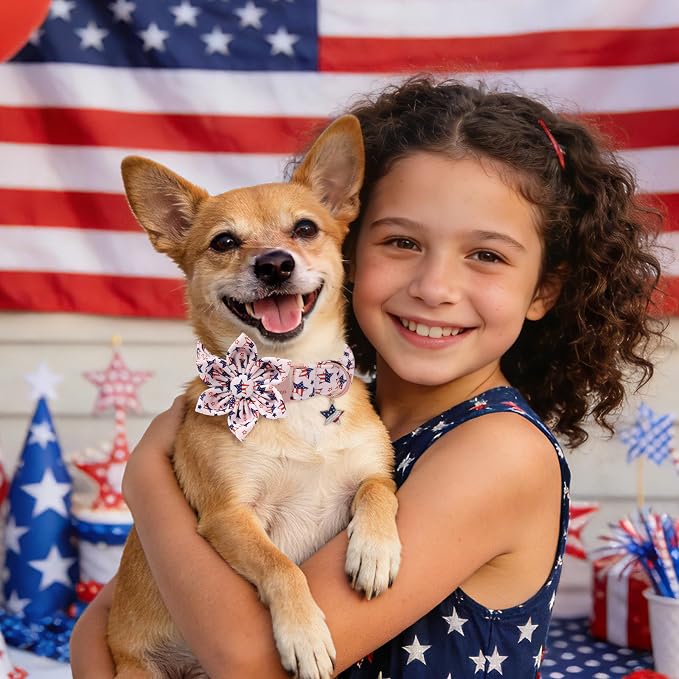 4th of July Independence Day Dog Collars with Flower, Pink Blue American Flag Star Dog Collar, DOGWONG Pink Girl American Flag Dog Collars for Small Dogs,S