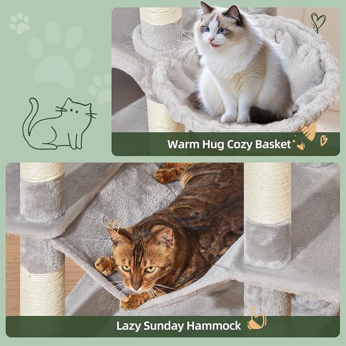 Taoqimiao Heavy-Duty Cat Tree, 71 in Cat Tower for Large Cats 20lbs+ | 3 Giant Multi-Tier Perches, Widened Cat Condo with 9 Scratching Posts, Plush Hammock & Basket, Toys, Light Gray, MS034W