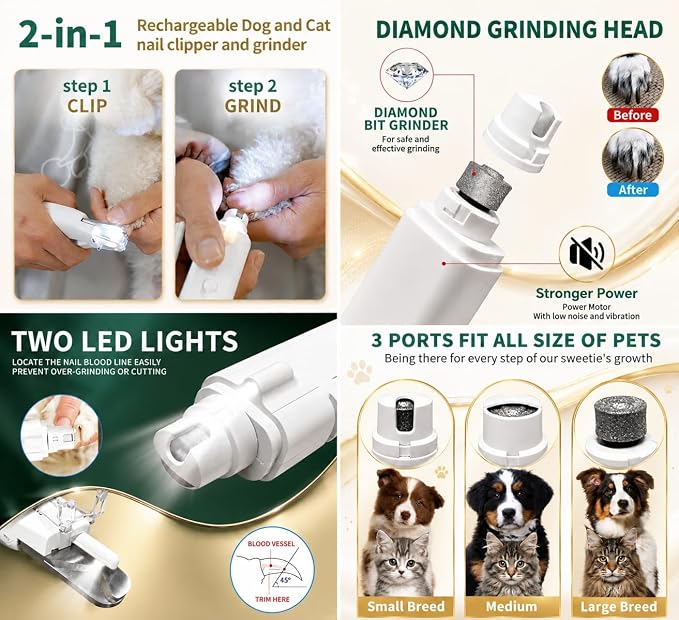 2-in-1 LED Pet Nail Clipper & Grinder with Hair Remover Included, USB Rechargeable Dog & Cat Nail Trimmer with Safety Guard, Low Noise Grooming Tool for Small Medium Large Pets, White