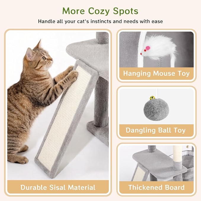 Multi-Level Cat Tree Large Cat Tower with Scratching Posts, Cat Condo for Adult Cats Kittens, Perches and Hammock (Light Gray)