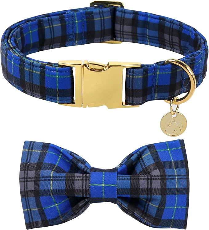 DOGWONG Christmas Dog Collar with Bow Tie, Blue Plaid Dog Collar Durable Metal Buckle Adjustable Soft & Cute Blue Checkered Dogs Collars for Small Medium Large Dogs, L