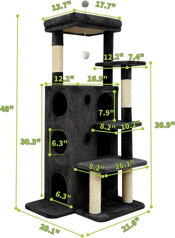 48" Cat Tree Tower for Indoor Cats, Multi-Level Cat House for Large Cats with 3 Cozy Cat Condos, Extra Large Top Perch, Sisal Scratching Posts & Climbing Steps, Dark Gray